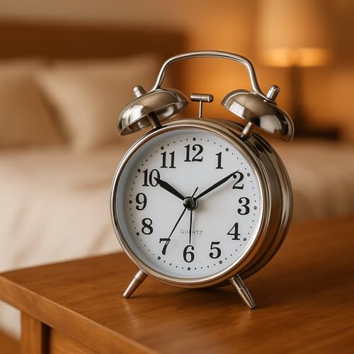Vaanar Sena Retro Twin Bell Alarm Clock – Classic Metal Frame Table Clock with Night Backlight, Silent Sweep Movement, Loud Alarm for Heavy Sleepers, Ideal for Bedroom, Office, Living Room & Home Décor (Silver) - Image 1