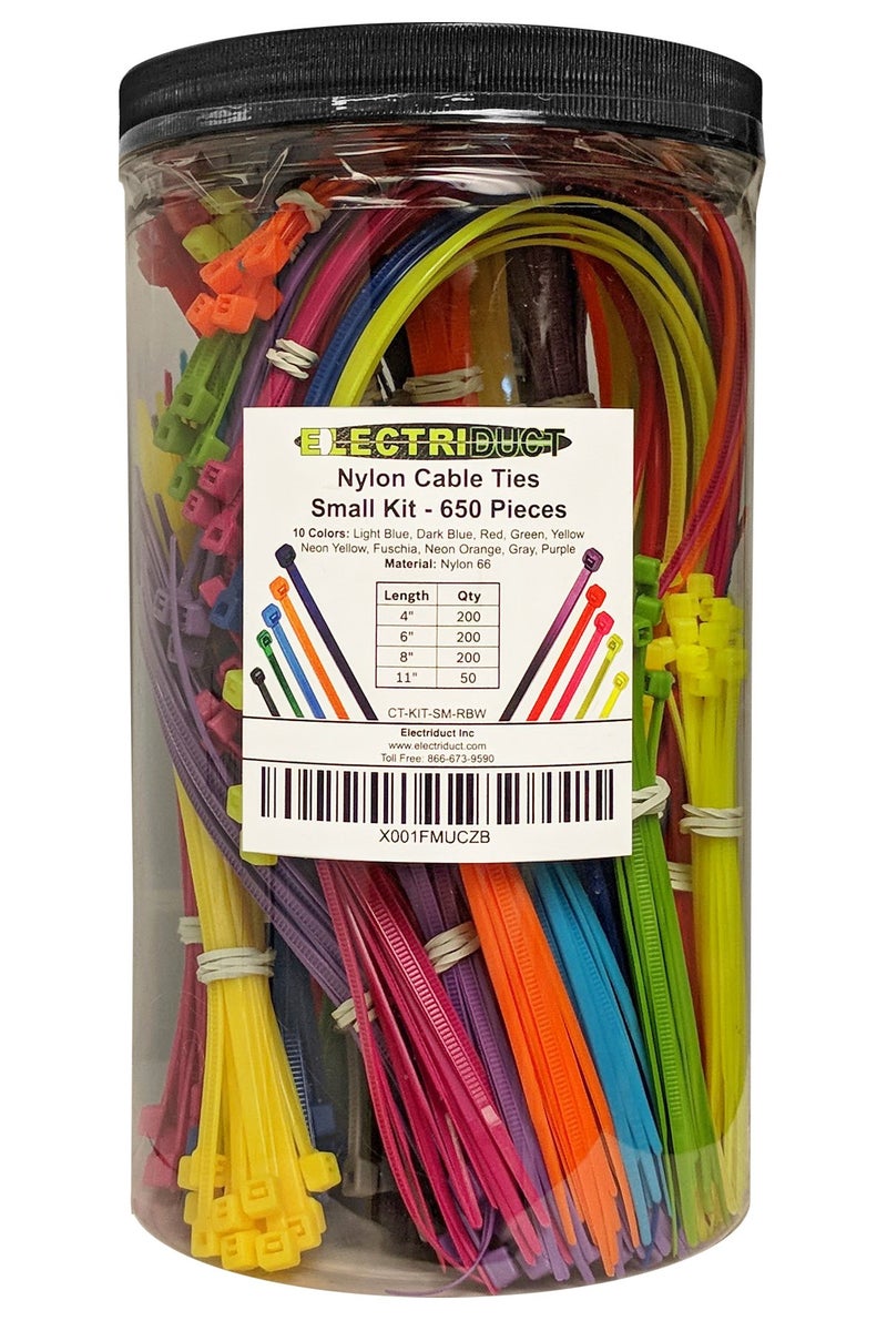 Electriduct Nylon Cable Tie Kit - 650 Zip Ties - Multi Color (Blue, Red, Green, Yellow, Fuchsia, Orange, Gray, Purple) - Assorted Lengths 4", 6", 8", 11"
