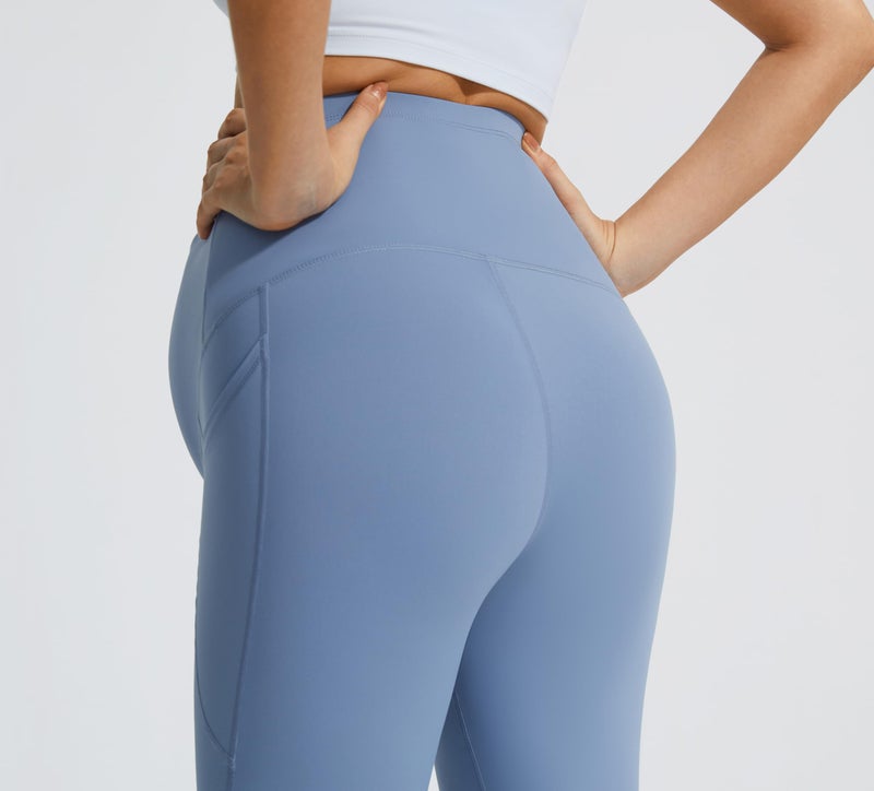 JOYSPELS Maternity Flare Leggings Over The Belly with Pockets â€“ Soft, Comfortable Pregnancy Yoga & Daily & Work Pants Light Blue - Image 5