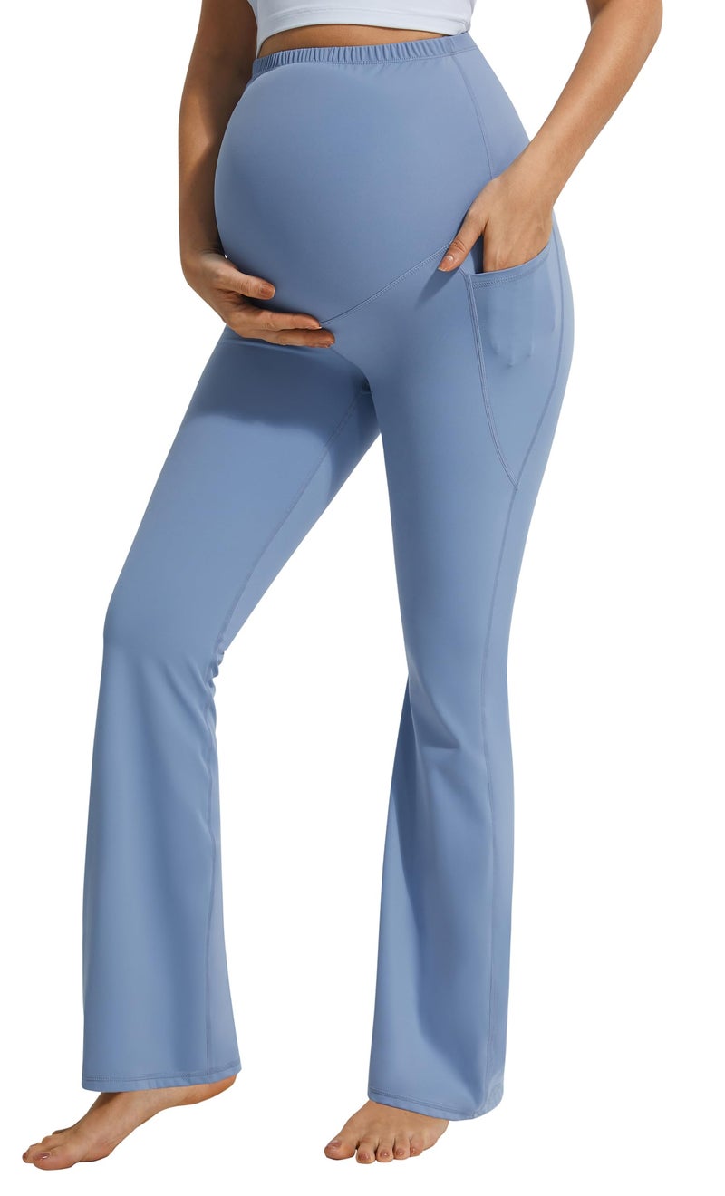 JOYSPELS Maternity Flare Leggings Over The Belly with Pockets â€“ Soft, Comfortable Pregnancy Yoga & Daily & Work Pants Light Blue - Image 1