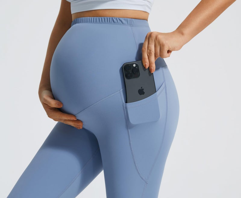 JOYSPELS Maternity Flare Leggings Over The Belly with Pockets â€“ Soft, Comfortable Pregnancy Yoga & Daily & Work Pants Light Blue - Image 4