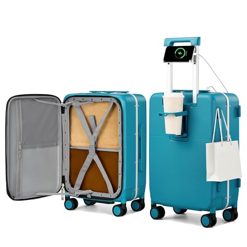 Hanke 20 Inch Top Opening Carry On Luggage, Hard Shell Suitcase with Cup Holder,USB Charging Port, Aluminum Frame with TSA Lock, 8 Spinner Wheels, Dry-Wet Separation Removable Dividers,Caribbean Blue - Image 1