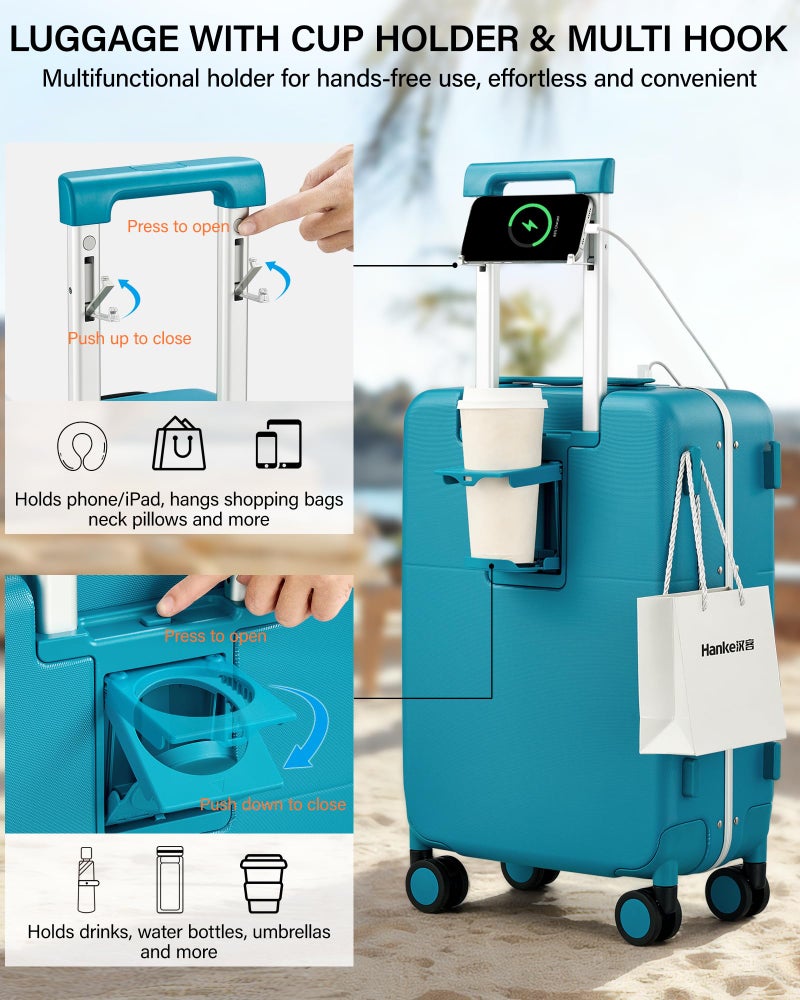 Hanke 20 Inch Top Opening Carry On Luggage, Hard Shell Suitcase with Cup Holder,USB Charging Port, Aluminum Frame with TSA Lock, 8 Spinner Wheels, Dry-Wet Separation Removable Dividers,Caribbean Blue - Image 4
