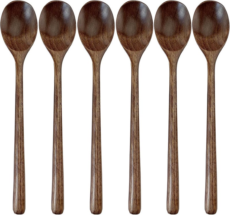 ADLORYEA Wooden Spoons for Eating, 9 inch Small Wooden Soup Spoon Mixing Stirring Tasting, 6-Piece Dark Brown Wood Spoons for Soup and Korean Food, Eco friendly Wooden Eating Utensils - Image 1