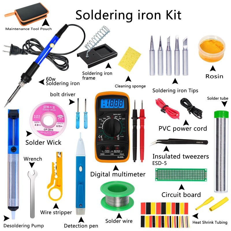 KYZHXVO Soldering Iron Kit, 60W Adjustable Temperature, Digital Multimeter, 5pcs Soldering Tips, Wire, Stand, Desoldering Pump, Solder Wick, Tweezers, Welding Tool - Image 2