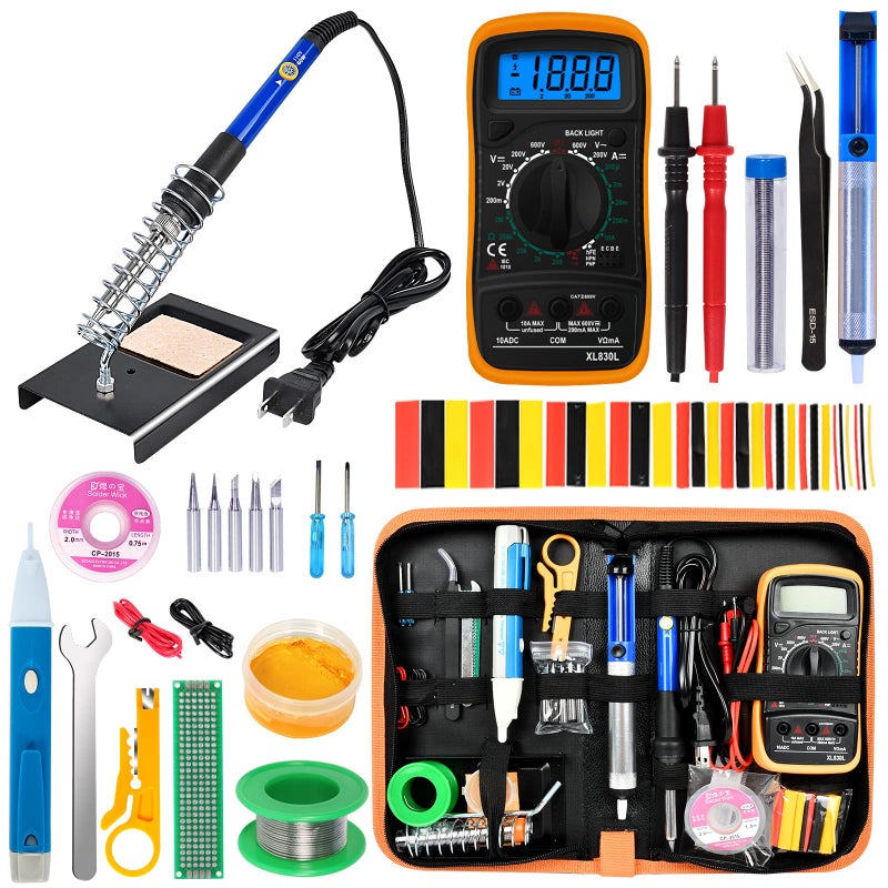 KYZHXVO Soldering Iron Kit, 60W Adjustable Temperature, Digital Multimeter, 5pcs Soldering Tips, Wire, Stand, Desoldering Pump, Solder Wick, Tweezers, Welding Tool - Image 1