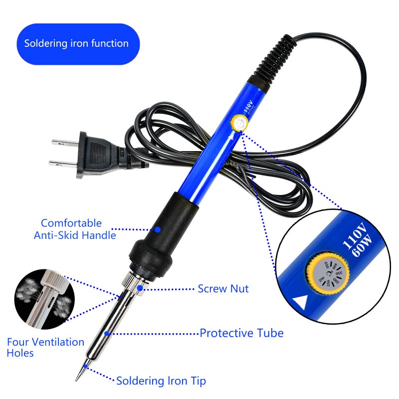 KYZHXVO Soldering Iron Kit, 60W Adjustable Temperature, Digital Multimeter, 5pcs Soldering Tips, Wire, Stand, Desoldering Pump, Solder Wick, Tweezers, Welding Tool - Image 3