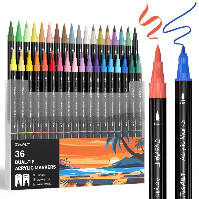 JusArt 36 Colors Dual Tip Acrylic Paint Pens Markers Brush and Fine Tip Premium Paint Pens for Wood Canvas Egg Stone Fabric Rocks Metal Glass Ceramic DIY Crafts Making Art Supplies Gifts - Image 2