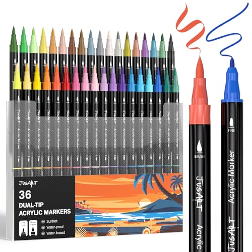 JusArt 36 Colors Dual Tip Acrylic Paint Pens Markers Brush and Fine Tip Premium Paint Pens for Wood Canvas Egg Stone Fabric Rocks Metal Glass Ceramic DIY Crafts Making Art Supplies Gifts - Image 1