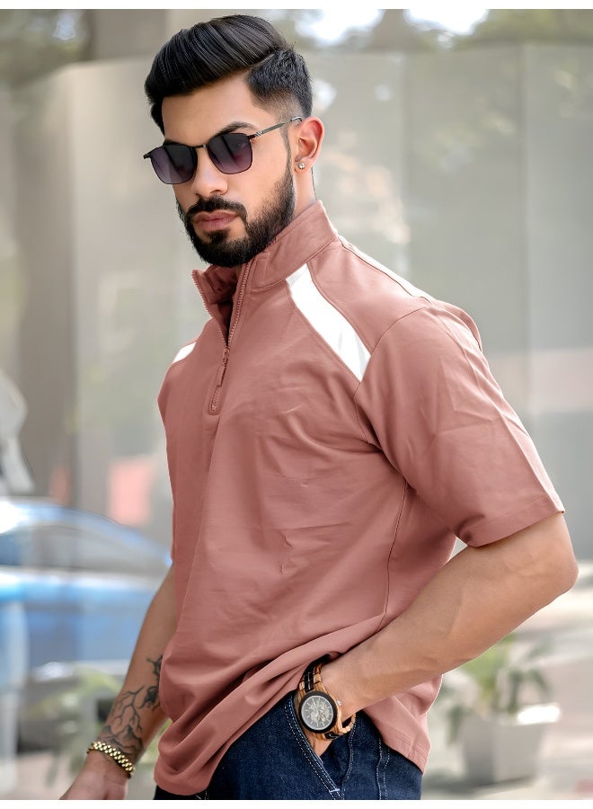 Maniac Mens solid henley neck 3/4th sleeve onion and white half zipper cotton t-shirt - Image 2