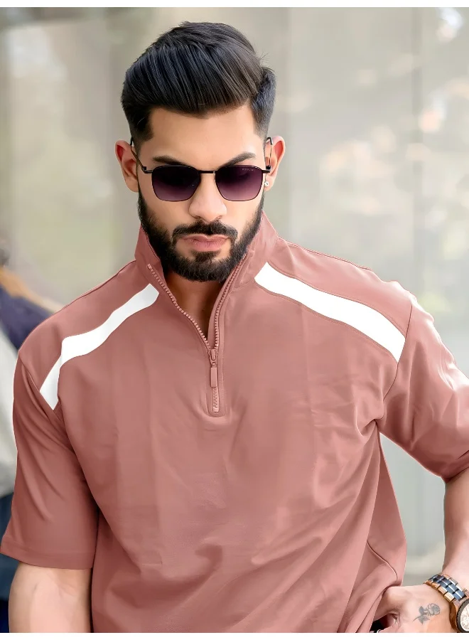 Maniac  Maniac Mens solid henley neck 3/4th sleeve onion and white half zipper cotton t-shirt for Men | Best Price UAE
