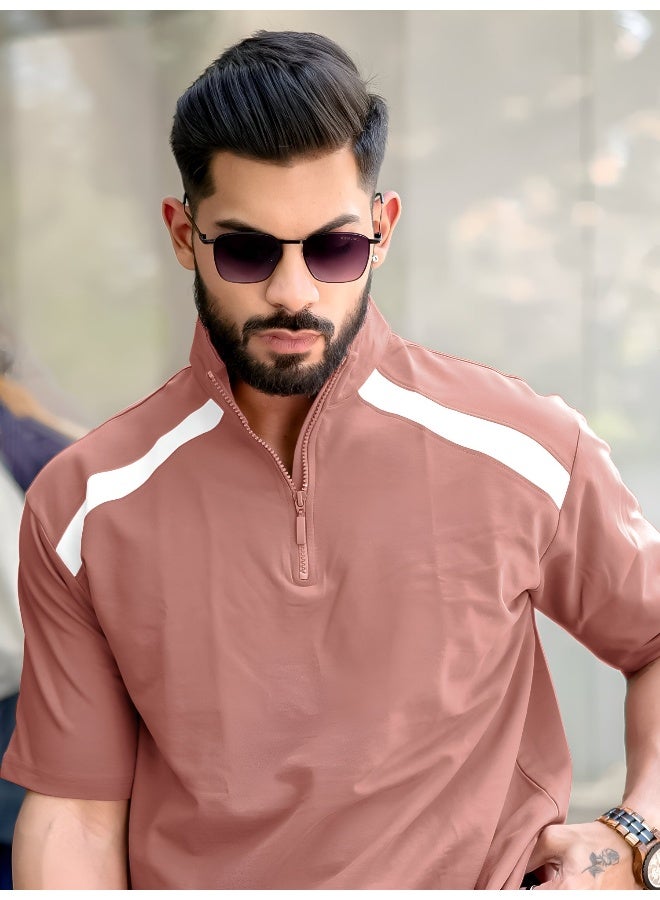 Maniac Mens solid henley neck 3/4th sleeve onion and white half zipper cotton t-shirt - Image 4