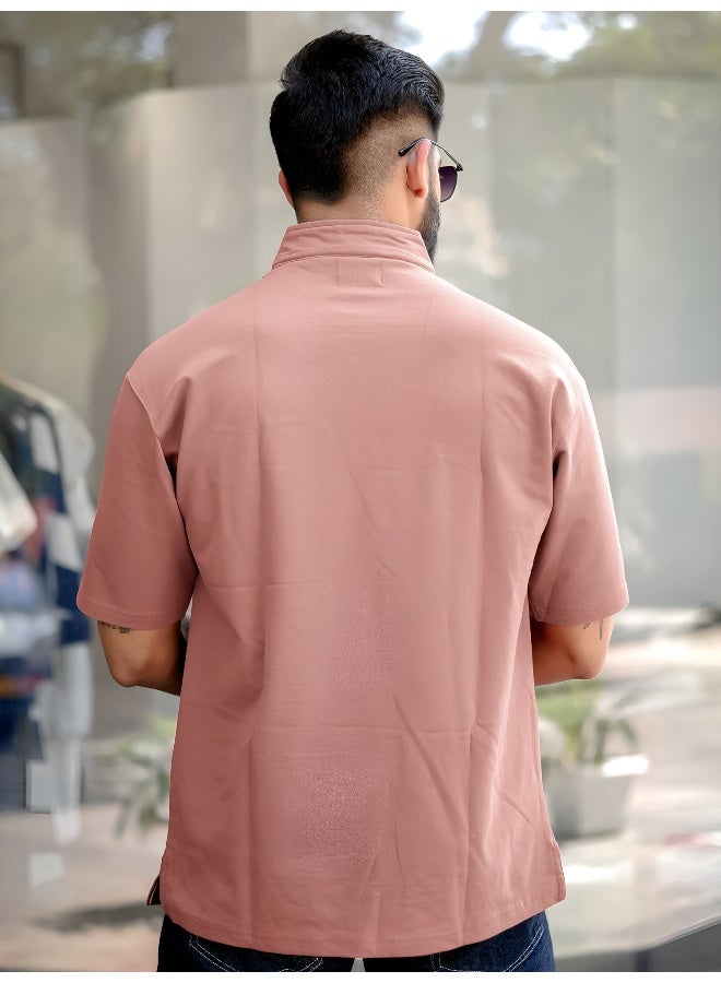 Maniac Mens solid henley neck 3/4th sleeve onion and white half zipper cotton t-shirt - Image 3