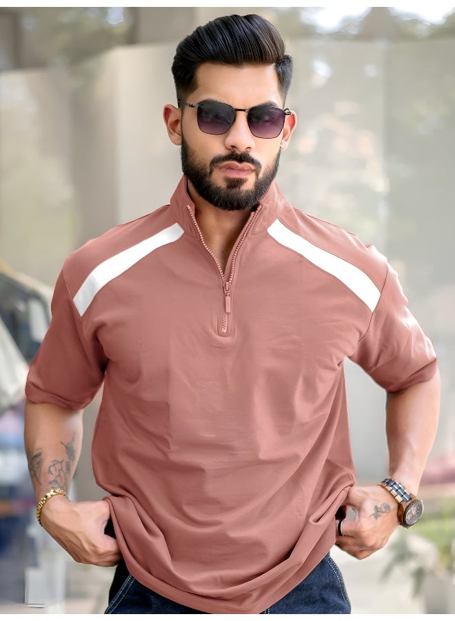 Maniac Mens solid henley neck 3/4th sleeve onion and white half zipper cotton t-shirt - Image 1