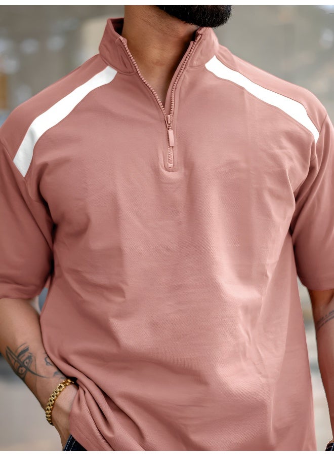 Maniac Mens solid henley neck 3/4th sleeve onion and white half zipper cotton t-shirt - Image 5