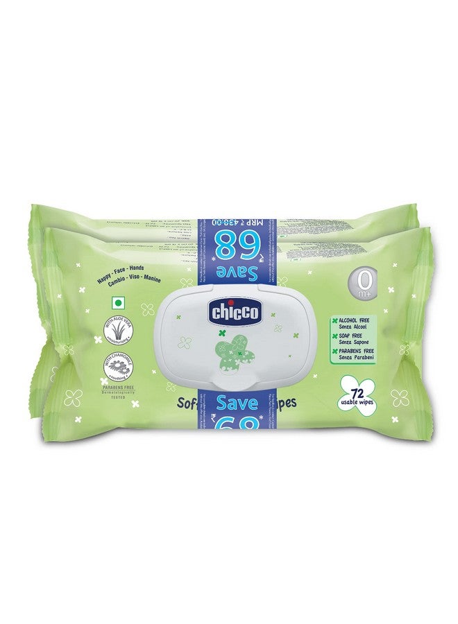 Chicco Soft Cleansing Baby Wipes, 72 Pieces/Pack (Pack Of 2 ) Fliptop Pack | Wet Wipes Ideal For Nappy, Face And Hands | Dermatologically Tested, No Phenoxyethanol, No Parabens, No Alcohol, Soap-Free  - Image 1
