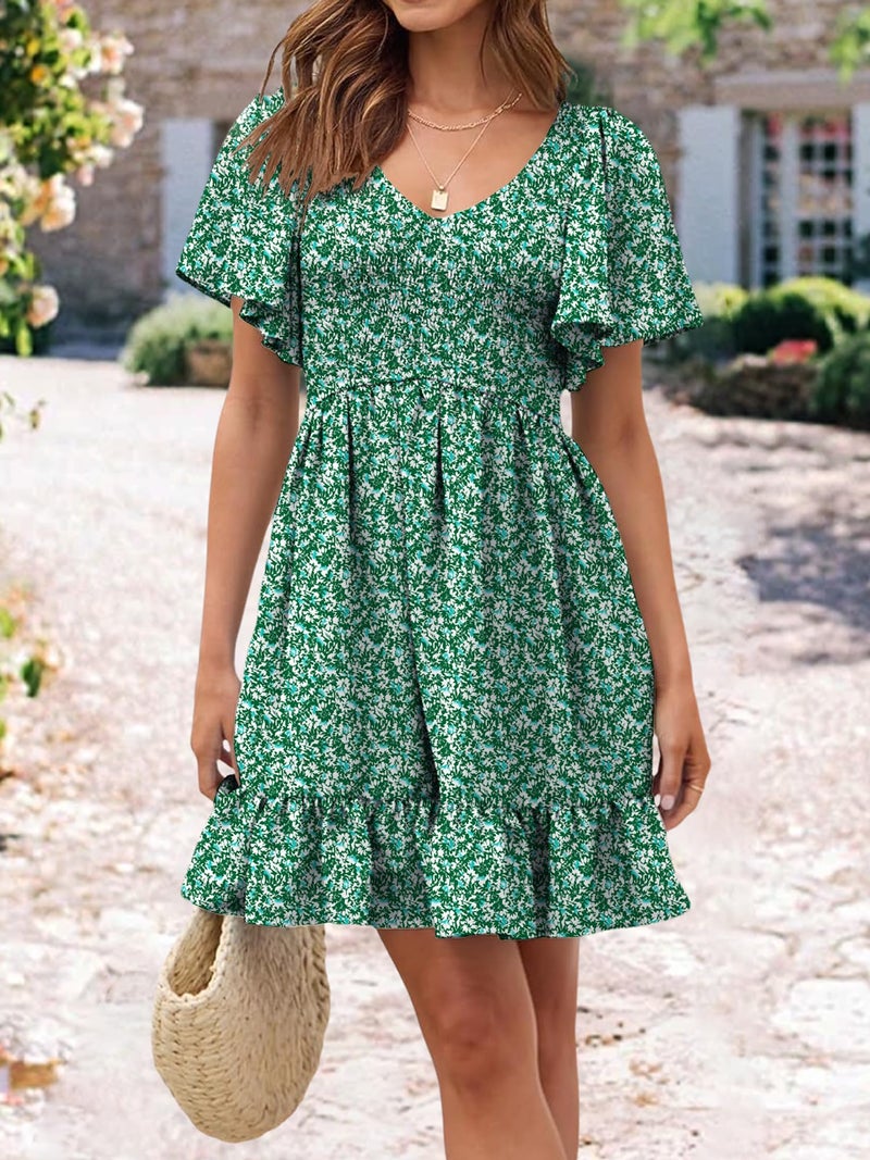 UEAL Womens Sundresses V Neck Green Floral Short Spring Summer Dresses for Women 2026 Small Green Floral - Image 2