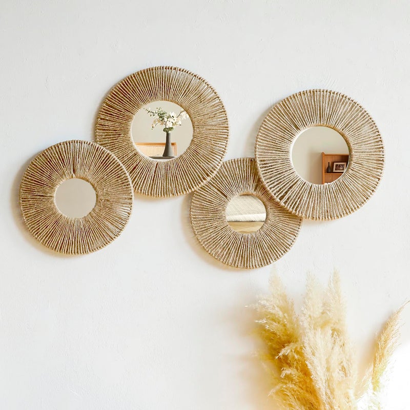 Artilady 4 Pack Hanging Baskets Wall Art Decorative Woven Wicker Basket Boho Wall Hanging Rustic Round Mirrors Natural Jute Home Decor Set for Bedroom Living Room Nursery - Image 2
