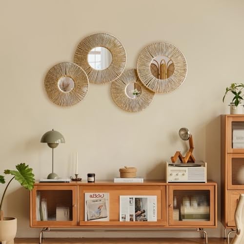Artilady 4 Pack Hanging Baskets Wall Art Decorative Woven Wicker Basket Boho Wall Hanging Rustic Round Mirrors Natural Jute Home Decor Set for Bedroom Living Room Nursery - Image 3
