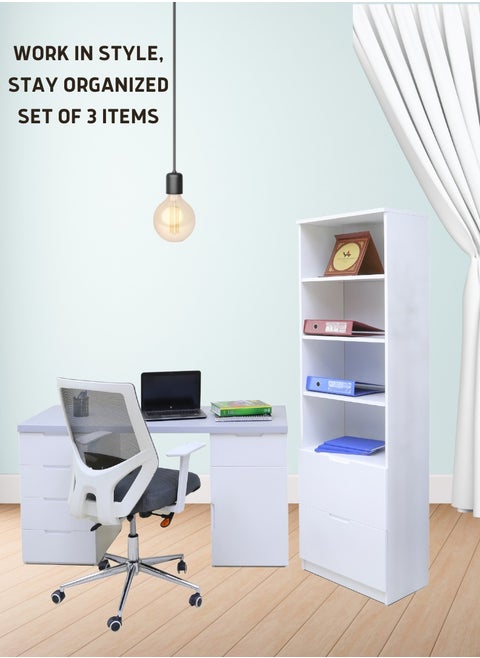Sleek 3-Piece Office Furniture Set. Ergonomic Mesh Chair, Spacious Desk with Storage, Tall Bookshelf – Ideal for Productivity and Organized Workspaces. This modern 18mm MDF desk offers a spacious work surface perfect for multitasking, making it ideal for computer setups, writing tasks, or creative projects. White/Gray Tabletop (Arfan)