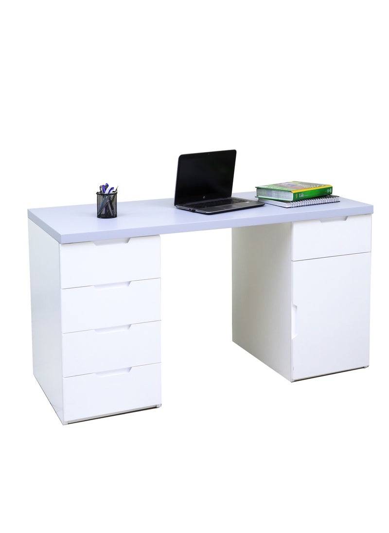 AFT - Sleek 3-Piece Office Furniture Set. Ergonomic Mesh Chair, Spacious Desk with Storage, Tall Bookshelf – Ideal for Productivity and Organized Workspaces. This modern 18mm MDF desk offers a spacious work surface perfect for multitasking, making it ideal for computer setups, writing tasks, or creative projects. White/Gray Tabletop (Arfan) - Image 1