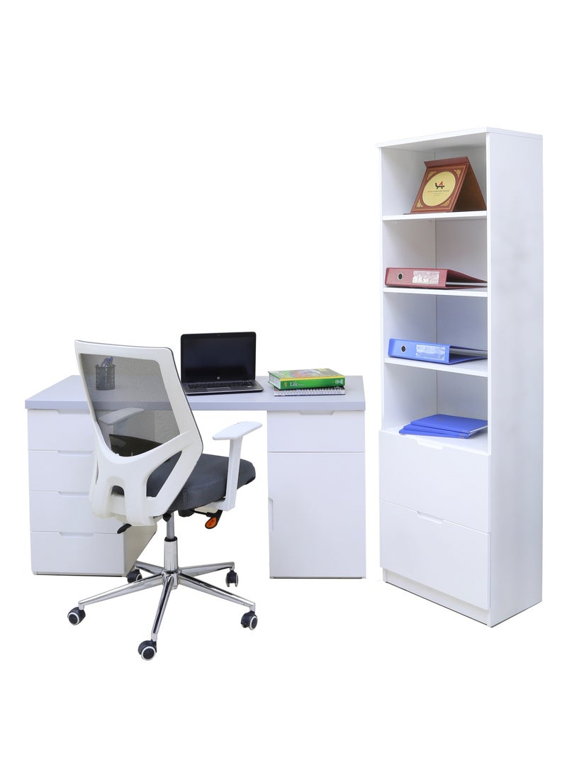 AFT - Sleek 3-Piece Office Furniture Set. Ergonomic Mesh Chair, Spacious Desk with Storage, Tall Bookshelf – Ideal for Productivity and Organized Workspaces. This modern 18mm MDF desk offers a spacious work surface perfect for multitasking, making it ideal for computer setups, writing tasks, or creative projects. White/Gray Tabletop (Arfan) - Image 1