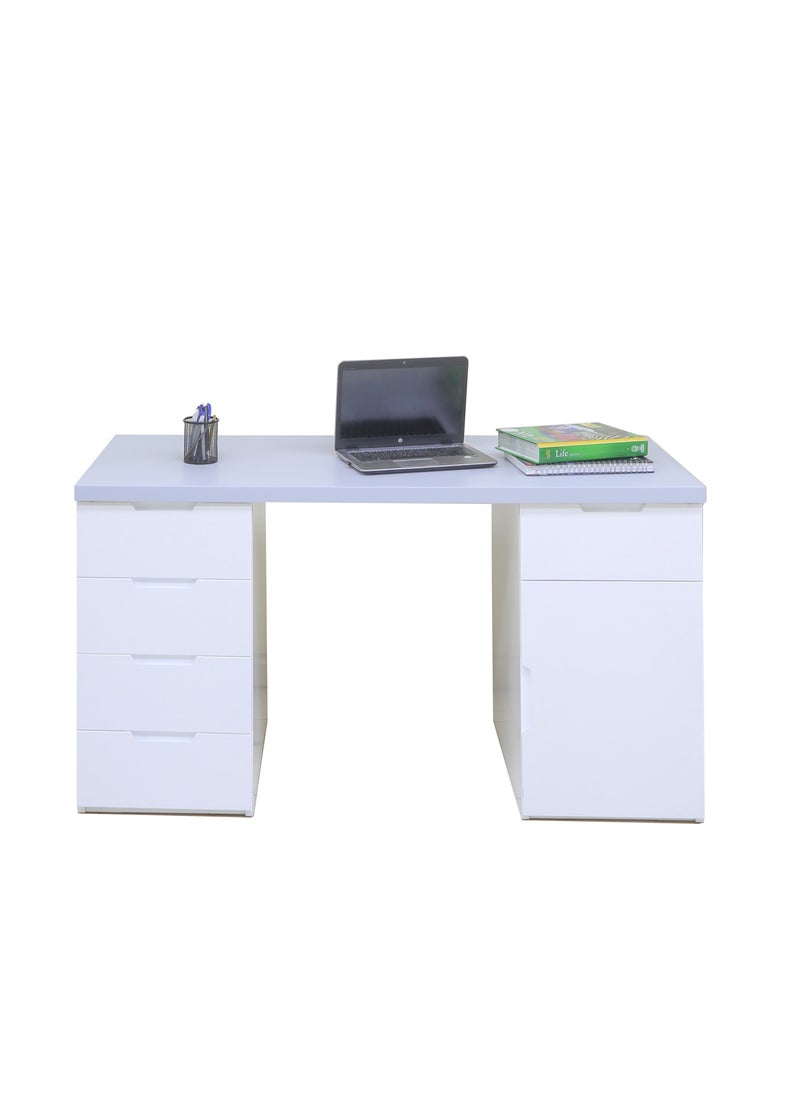 AFT - Sleek 3-Piece Office Furniture Set. Ergonomic Mesh Chair, Spacious Desk with Storage, Tall Bookshelf – Ideal for Productivity and Organized Workspaces. This modern 18mm MDF desk offers a spacious work surface perfect for multitasking, making it ideal for computer setups, writing tasks, or creative projects. White/Gray Tabletop (Arfan) - Image 1