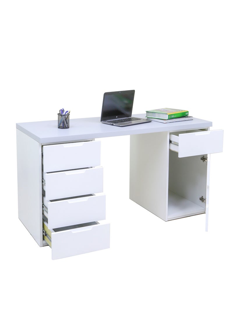 AFT - Sleek 3-Piece Office Furniture Set. Ergonomic Mesh Chair, Spacious Desk with Storage, Tall Bookshelf – Ideal for Productivity and Organized Workspaces. This modern 18mm MDF desk offers a spacious work surface perfect for multitasking, making it ideal for computer setups, writing tasks, or creative projects. White/Gray Tabletop (Arfan) - Image 1