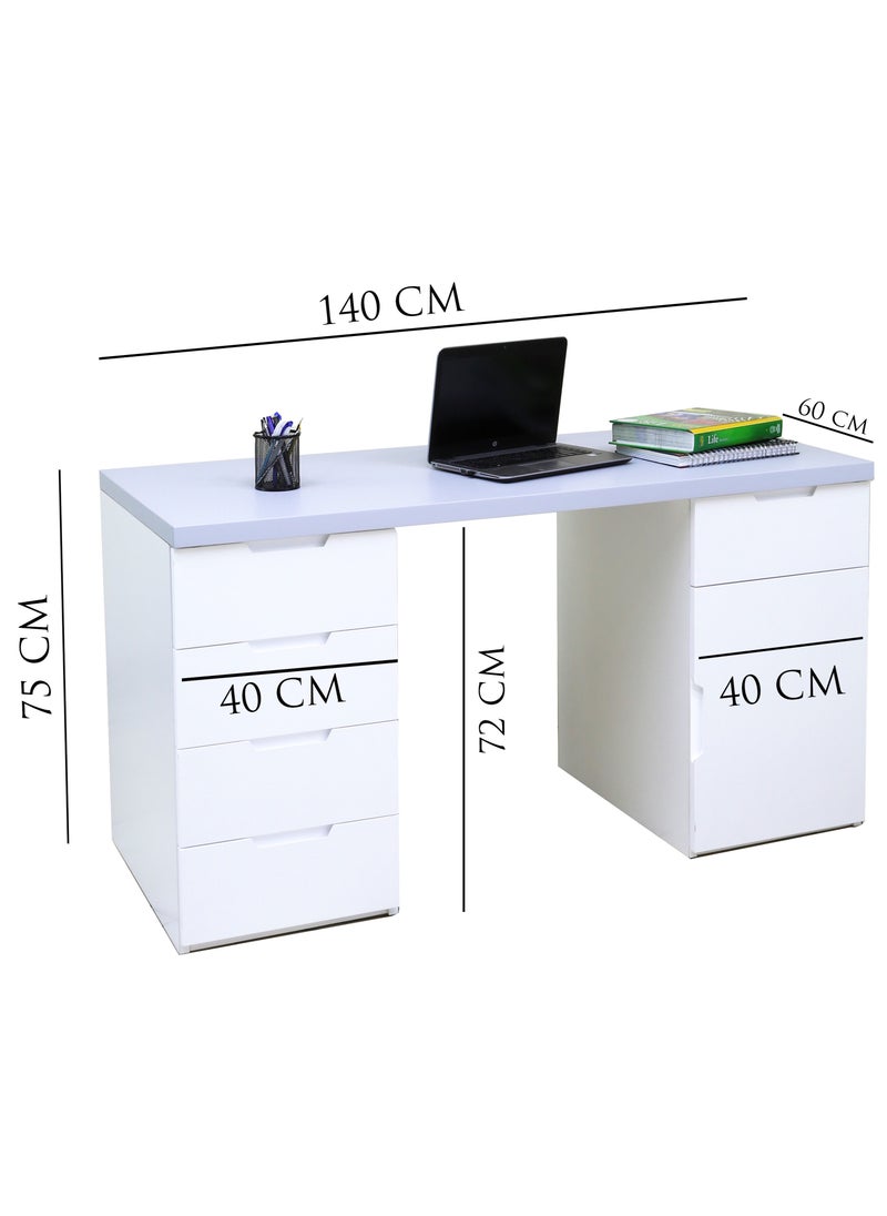 AFT - Sleek 3-Piece Office Furniture Set. Ergonomic Mesh Chair, Spacious Desk with Storage, Tall Bookshelf – Ideal for Productivity and Organized Workspaces. This modern 18mm MDF desk offers a spacious work surface perfect for multitasking, making it ideal for computer setups, writing tasks, or creative projects. White/Gray Tabletop (Arfan) - Image 1
