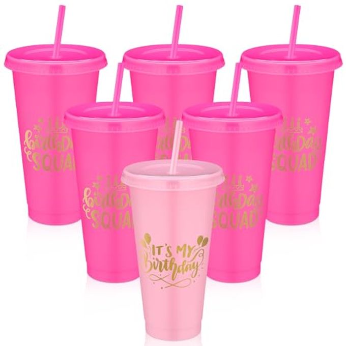 Jingmore Birthday Squad Cups 24 oz Party Tumblers Plastic Tumblers with Lid and Straw for 20th 30th 40th 50th 60th Birthday Decorations Favor for Women Girls Adults(Pink, Rose Red,6 Pcs)