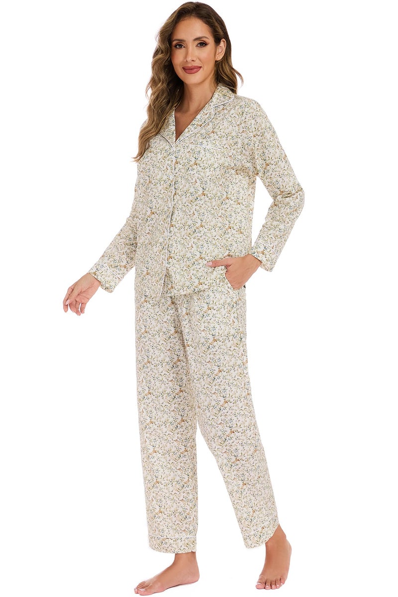 LUBOT 100% Cotton Pajamas for Women 2 Piece PJ Set Poplin Pajama Set Woven Long Sleeve Button-Down Printed Sleepwear Loungewear Set (Rabbit, M) - Image 5