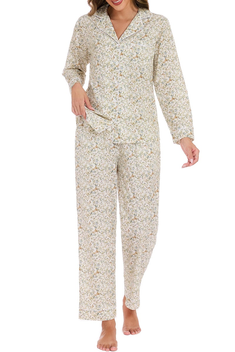 LUBOT 100% Cotton Pajamas for Women 2 Piece PJ Set Poplin Pajama Set Woven Long Sleeve Button-Down Printed Sleepwear Loungewear Set (Rabbit, M) - Image 1