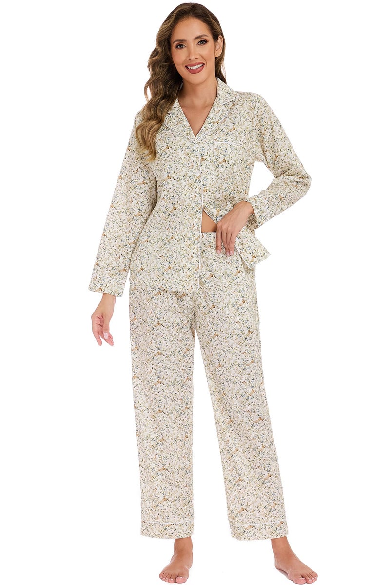 LUBOT 100% Cotton Pajamas for Women 2 Piece PJ Set Poplin Pajama Set Woven Long Sleeve Button-Down Printed Sleepwear Loungewear Set (Rabbit, M) - Image 4