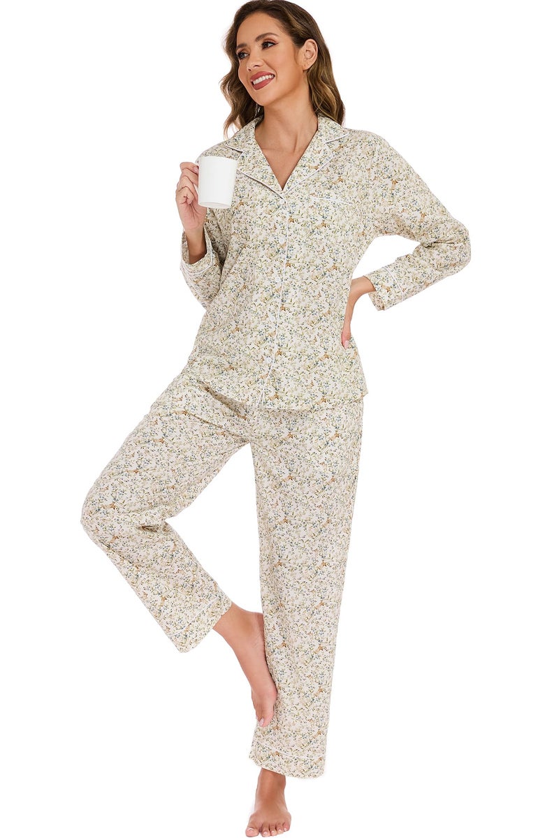 LUBOT 100% Cotton Pajamas for Women 2 Piece PJ Set Poplin Pajama Set Woven Long Sleeve Button-Down Printed Sleepwear Loungewear Set (Rabbit, M) - Image 3