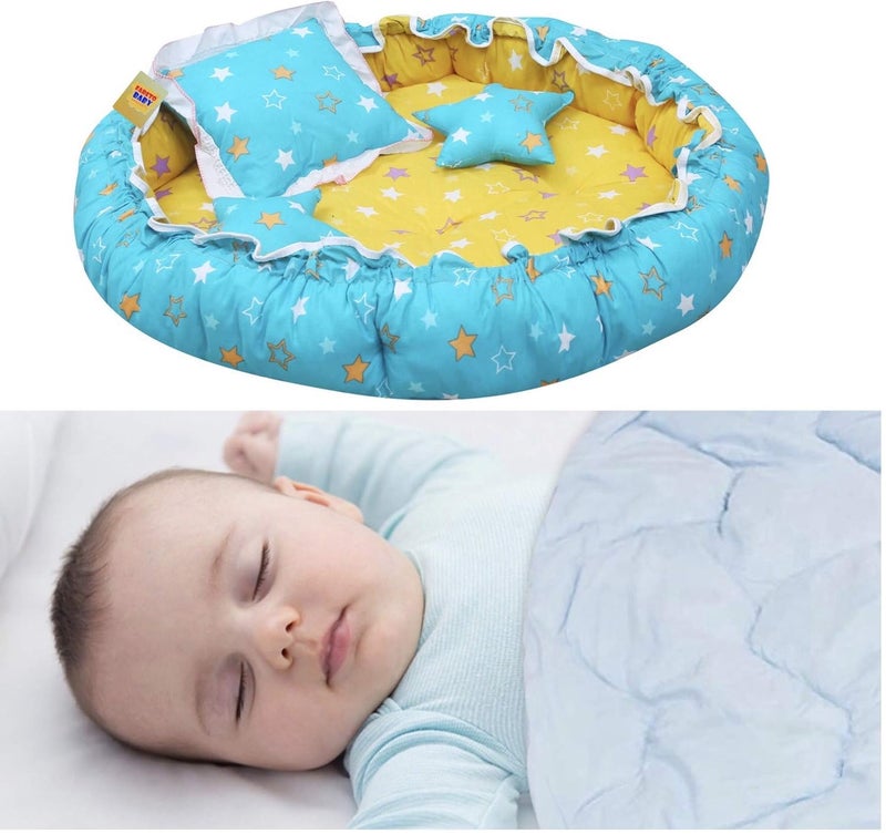 Fareto Baby Super Soft Microfibre Reversible Nest Cum Bed & Reversible Blanket Cum Comforter for 0-1 Years (Star Blue & Aqua Blue, L-58Inchs & B-42Inchs) - Image 1