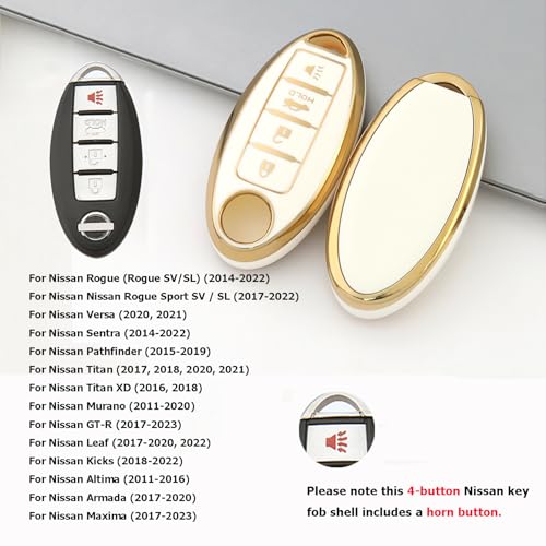 SUNCARACCL غطاء مفتاح SUNCARACCL لسيارة نيسان مع سلسلة مفاتيح جلدية، غلاف مفتاح TPU ناعم للحماية الكاملة لمفتاح نيسان ألتيما ماكسيما روج أرمادا باثفايندر ذكي 4 أزرار (أبيض) - Image 2