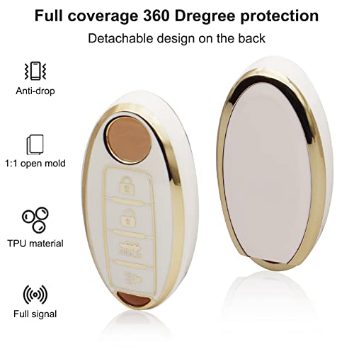 SUNCARACCL غطاء مفتاح SUNCARACCL لسيارة نيسان مع سلسلة مفاتيح جلدية، غلاف مفتاح TPU ناعم للحماية الكاملة لمفتاح نيسان ألتيما ماكسيما روج أرمادا باثفايندر ذكي 4 أزرار (أبيض) - Image 4