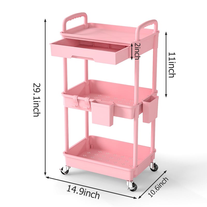 LLMRR 3 Tier Rolling Utility Cart with Drawer, Plastic Storage Organizer Rolling Carts with Wheels Handles Hanging Cups Hooks for Office, Bathroom, Kitchen,Craft Art Room (Pink) - Image 2