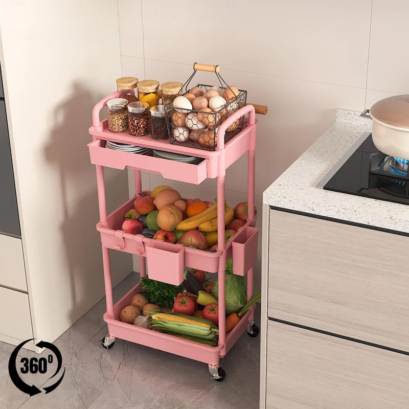 LLMRR 3 Tier Rolling Utility Cart with Drawer, Plastic Storage Organizer Rolling Carts with Wheels Handles Hanging Cups Hooks for Office, Bathroom, Kitchen,Craft Art Room (Pink) - Image 4