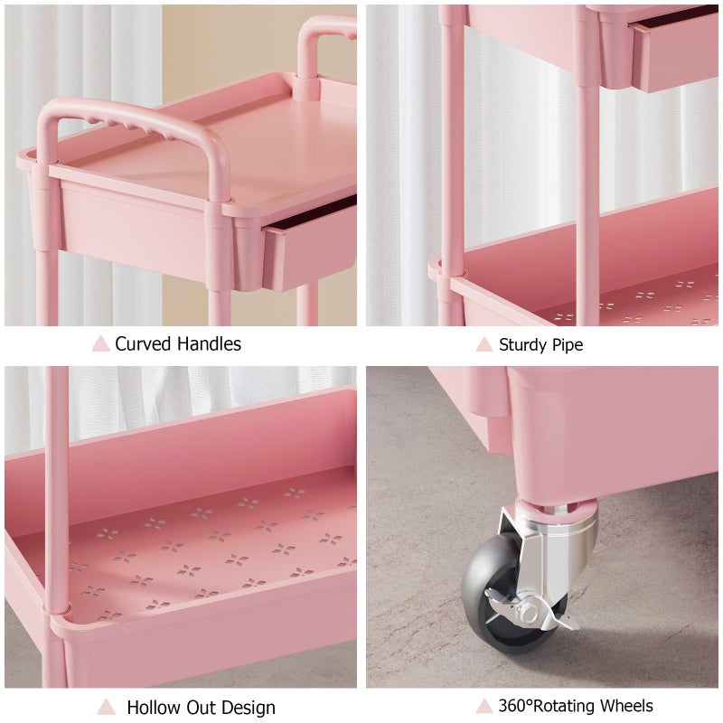 LLMRR 3 Tier Rolling Utility Cart with Drawer, Plastic Storage Organizer Rolling Carts with Wheels Handles Hanging Cups Hooks for Office, Bathroom, Kitchen,Craft Art Room (Pink) - Image 5