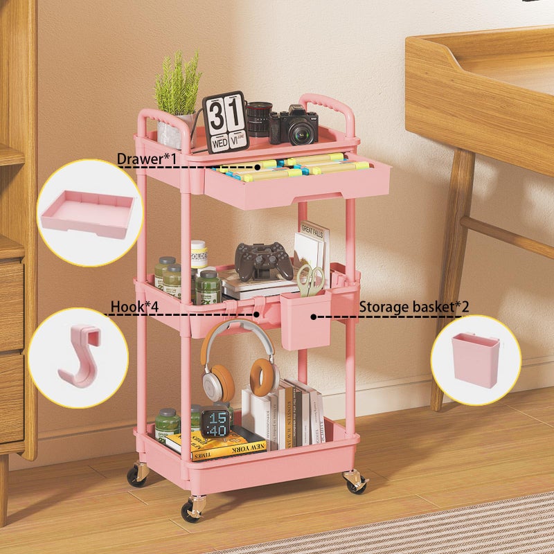 LLMRR 3 Tier Rolling Utility Cart with Drawer, Plastic Storage Organizer Rolling Carts with Wheels Handles Hanging Cups Hooks for Office, Bathroom, Kitchen,Craft Art Room (Pink) - Image 3