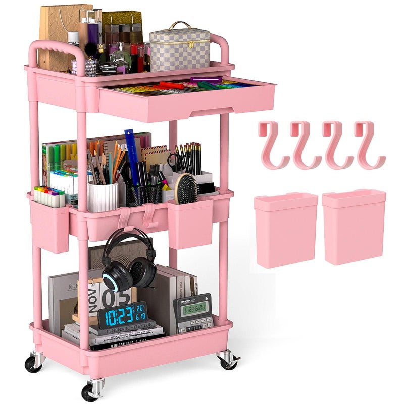 LLMRR 3 Tier Rolling Utility Cart with Drawer, Plastic Storage Organizer Rolling Carts with Wheels Handles Hanging Cups Hooks for Office, Bathroom, Kitchen,Craft Art Room (Pink) - Image 1