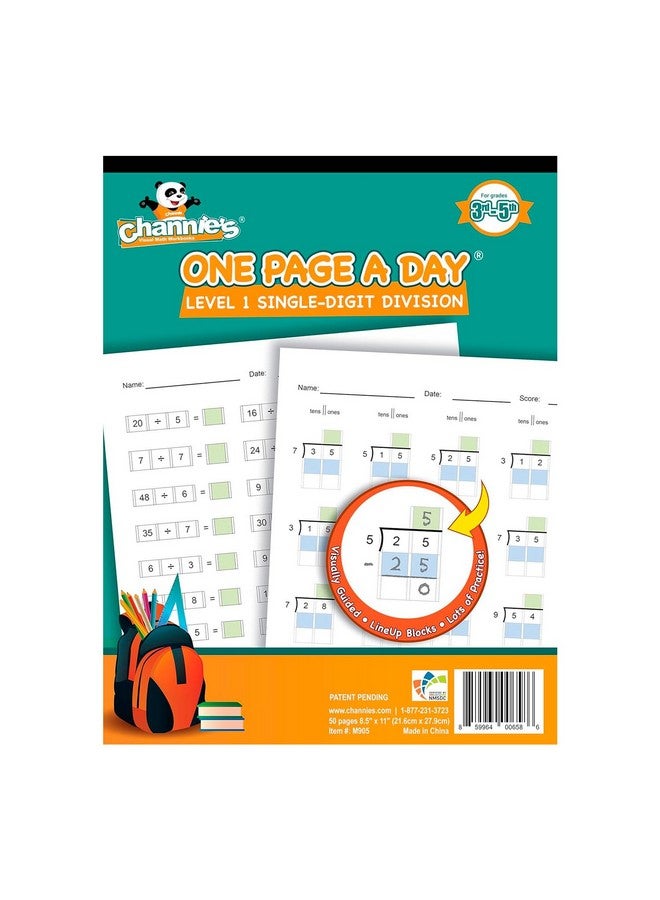 Channie's Channie’s One Page A Day Single Digit Level 1 Beginner Visual Division Workbooks for Easy Teaching & Learning Grade 3-5 Size 8.5” x 11” Summer School, Summer Bridge - Image 1