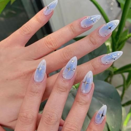 MERVF Almond Press on Nails Medium Fake Nails Blue Gradient Stiletto Acrylic with Star Rhinestones Design Glue ons Glossy Aura False Nail 24pcs - Image 1