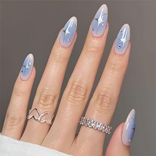 MERVF Almond Press on Nails Medium Fake Nails Blue Gradient Stiletto Acrylic with Star Rhinestones Design Glue ons Glossy Aura False Nail 24pcs - Image 3