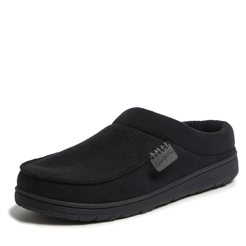 Dearfoams Mens Brendan Microfiber Suede Clog Slipper Black Perforated Small