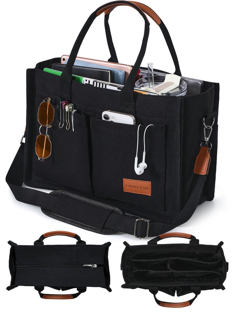 FIORETTO Canvas Tote Bag for Women with Zipper Closure & Individual Compartments for Work College, Crossbody Laptop Tote Purse Handbag with Detachable Strap & Bottom Support for Teacher & Nurse Black - Image 1