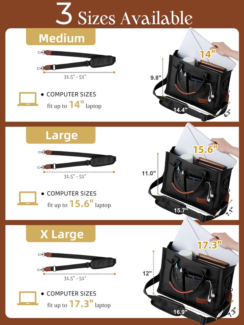 FIORETTO Canvas Tote Bag for Women with Zipper Closure & Individual Compartments for Work College, Crossbody Laptop Tote Purse Handbag with Detachable Strap & Bottom Support for Teacher & Nurse Black - Image 3