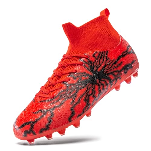 HRJR Kids Soccer Cleats Boys Girls Training Football Cleats Youth Hightop Soccer Shoes for LittleBig Professional Athletic Outdoor Football Shoes Red 3 Big Kid - Image 1