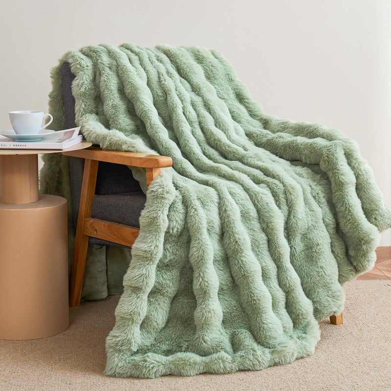 Admitrack Faux Rabbit Fur Throw Blanket for Couch  Fluffy Warm Plush Thick Bubble Blanket for Bed Sofa Living Room  Soft Cozy Furry Blanket  50x60 inches  Sage Green - Image 1